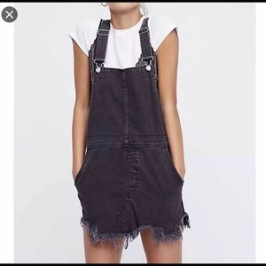 Free People Distressed Black Denim Overall Dress